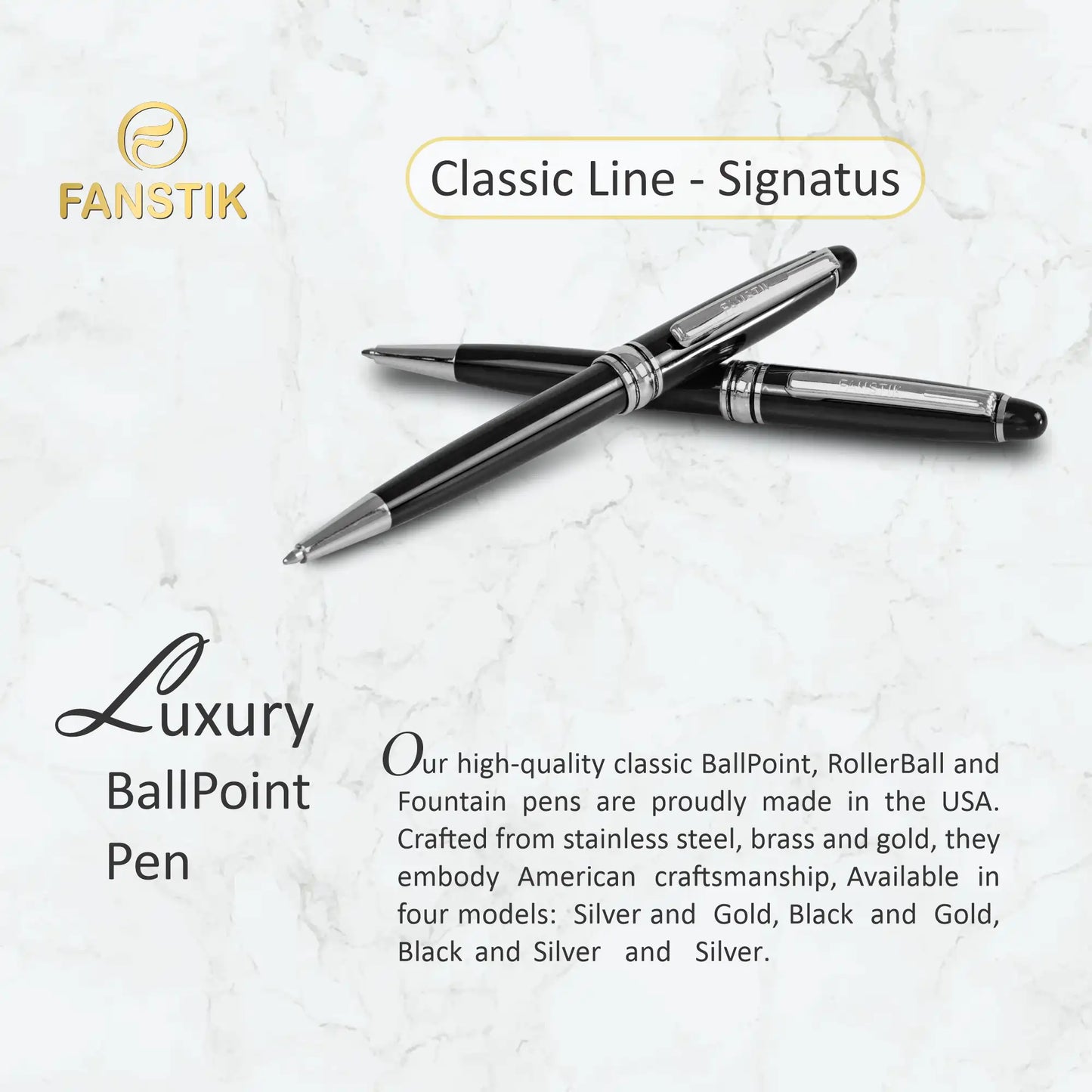 FANSTIK Customized BallPoint pen with name (MADE IN USA) black and silver, luxury engraved pen personalized for men and for women. (BallPoint B-S)