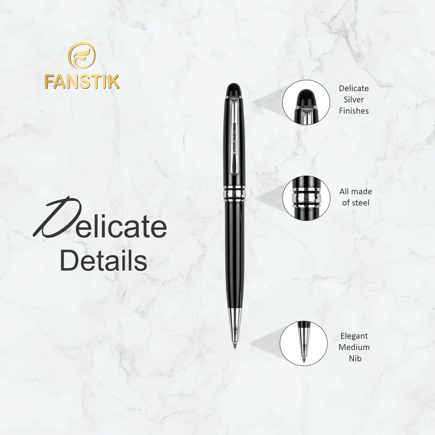 FANSTIK Customized BallPoint pen with name (MADE IN USA) black and silver, luxury engraved pen personalized for men and for women. (BallPoint B-S)