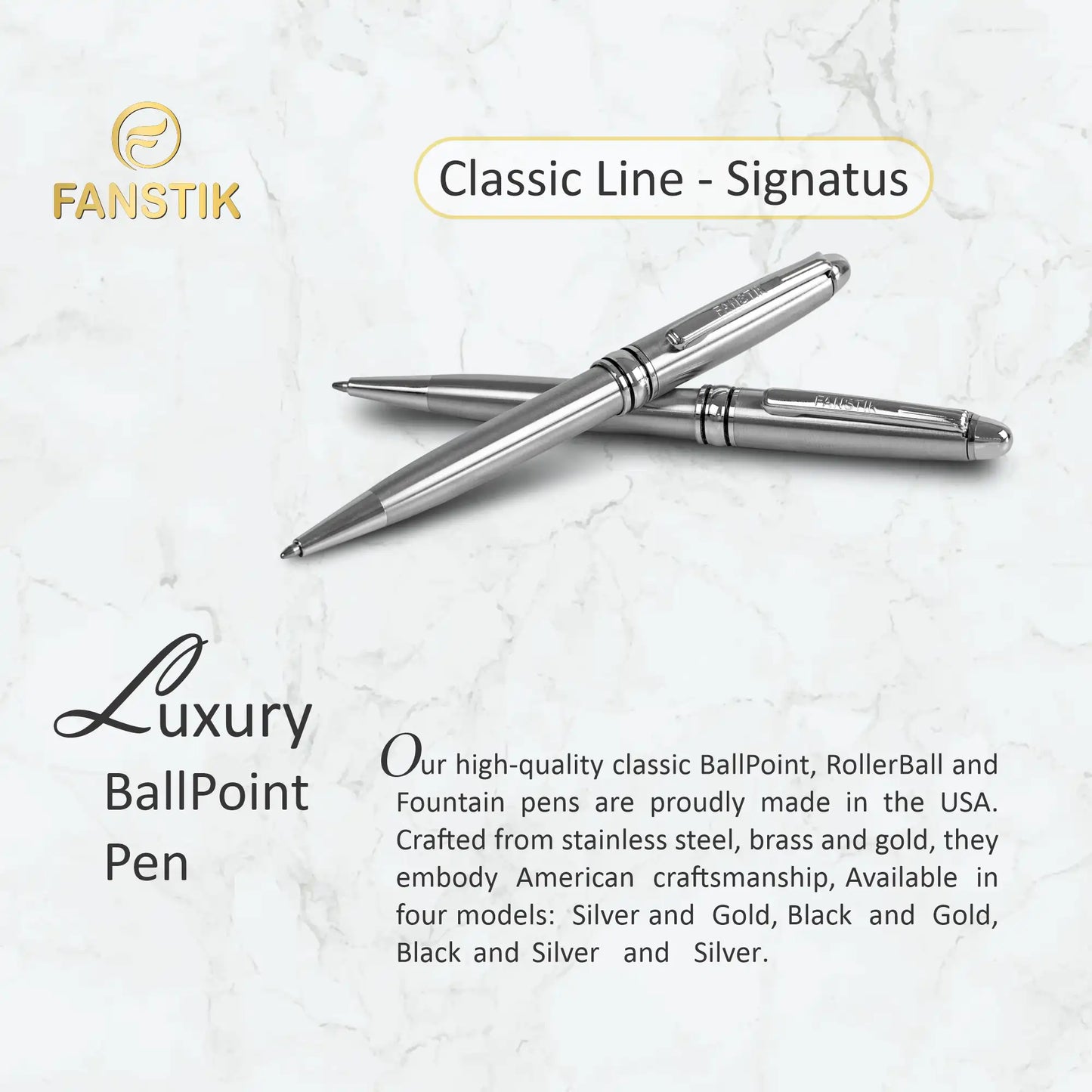 FANSTIK Customized BallPoint pen with name (MADE IN USA) stainless steel, luxury engraved pen personalized for men and for women. (BallPoint Silver)