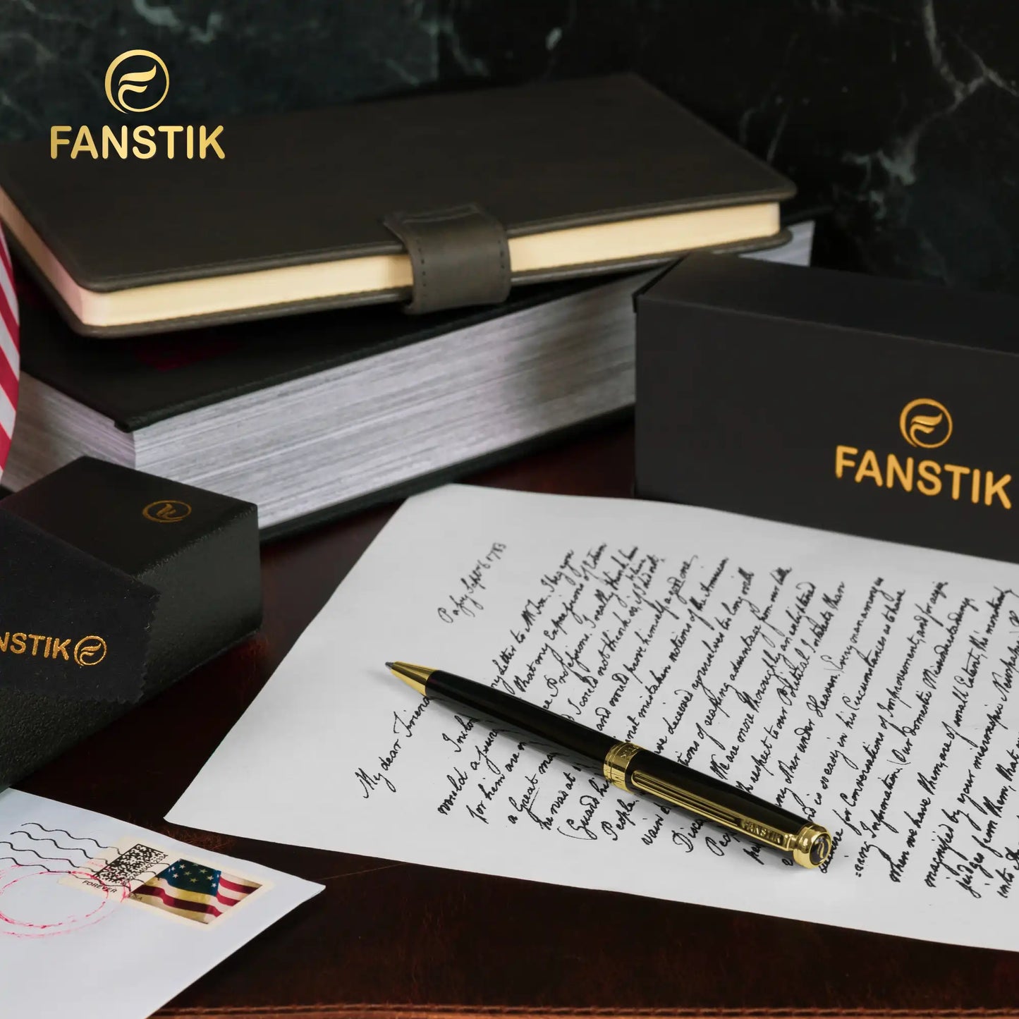 FANSTIK Customized Black & Gold Luxury ballpoint pen (Made In USA) Real 24K Gold Plating Professional executive pen gift set for men (Lux C-BallP B-G)