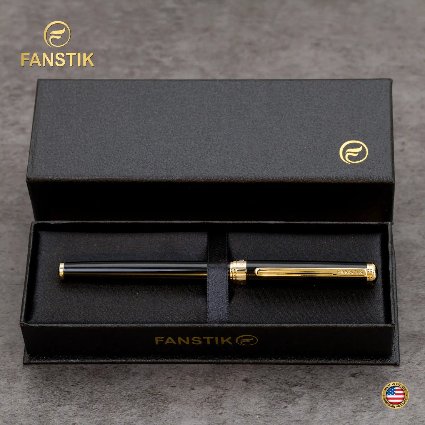 FANSTIK Black & Gold Luxury Rollerball pen (Made In USA) Real 24K Gold Plating, Professional executive pen gift set for men (Lux Rolerball Black-Gold)