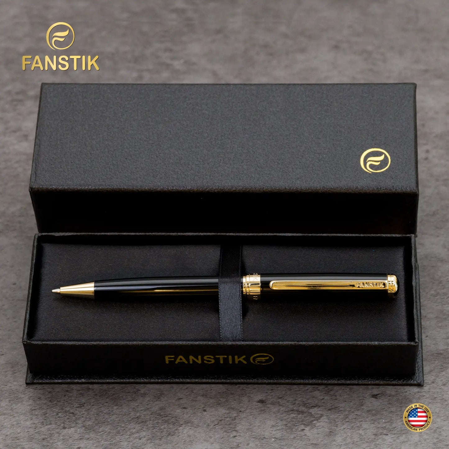 FANSTIK Customized Black & Gold Luxury ballpoint pen (Made In USA) Real 24K Gold Plating Professional executive pen gift set for men (Lux C-BallP B-G)