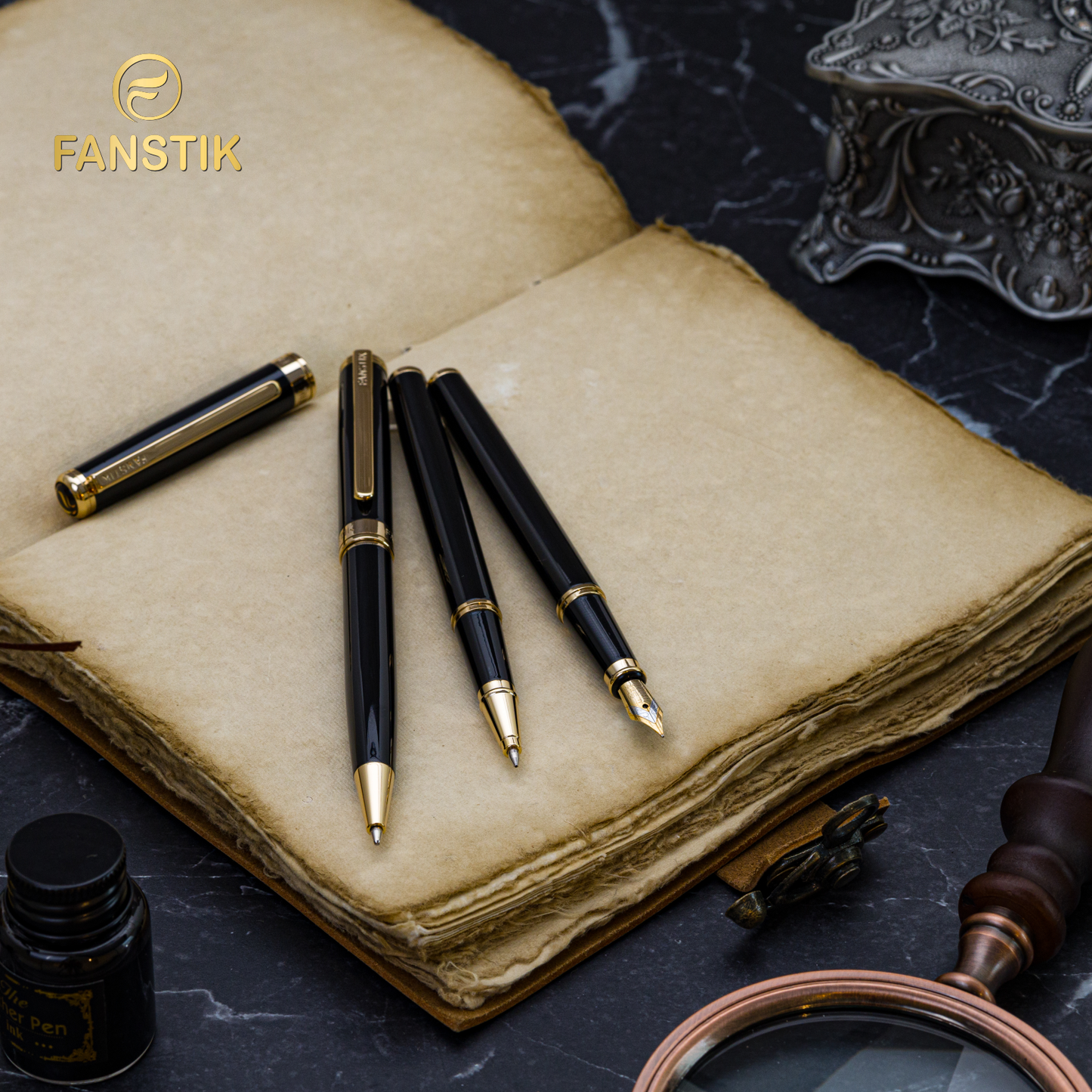 Personalized Luxury Black & Gold Rollerball pens (MADE IN USA) Fancy Pen, Real 24K Gold Plating (Lux Custom-RollerBall Black-Gold)