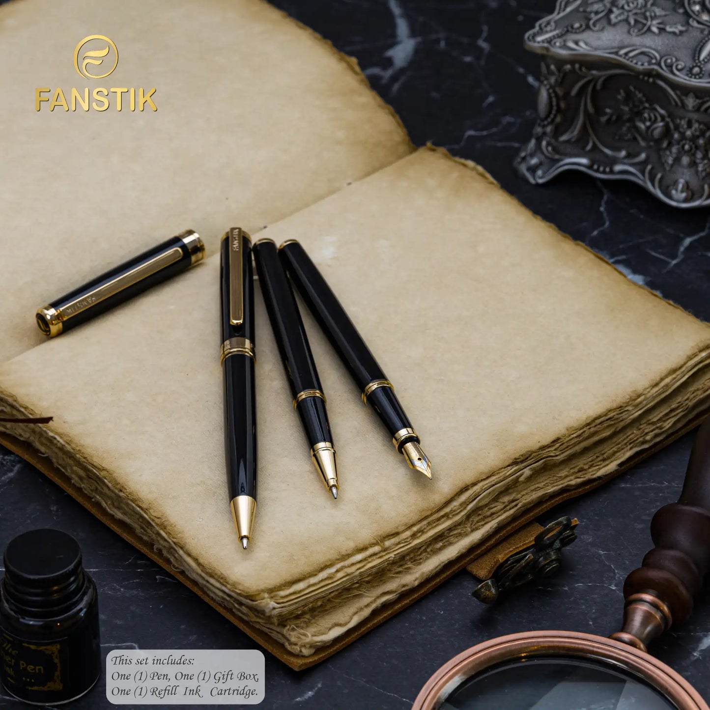 FANSTIK Customized Black & Gold Luxury ballpoint pen (Made In USA) Real 24K Gold Plating Professional executive pen gift set for men (Lux C-BallP B-G)