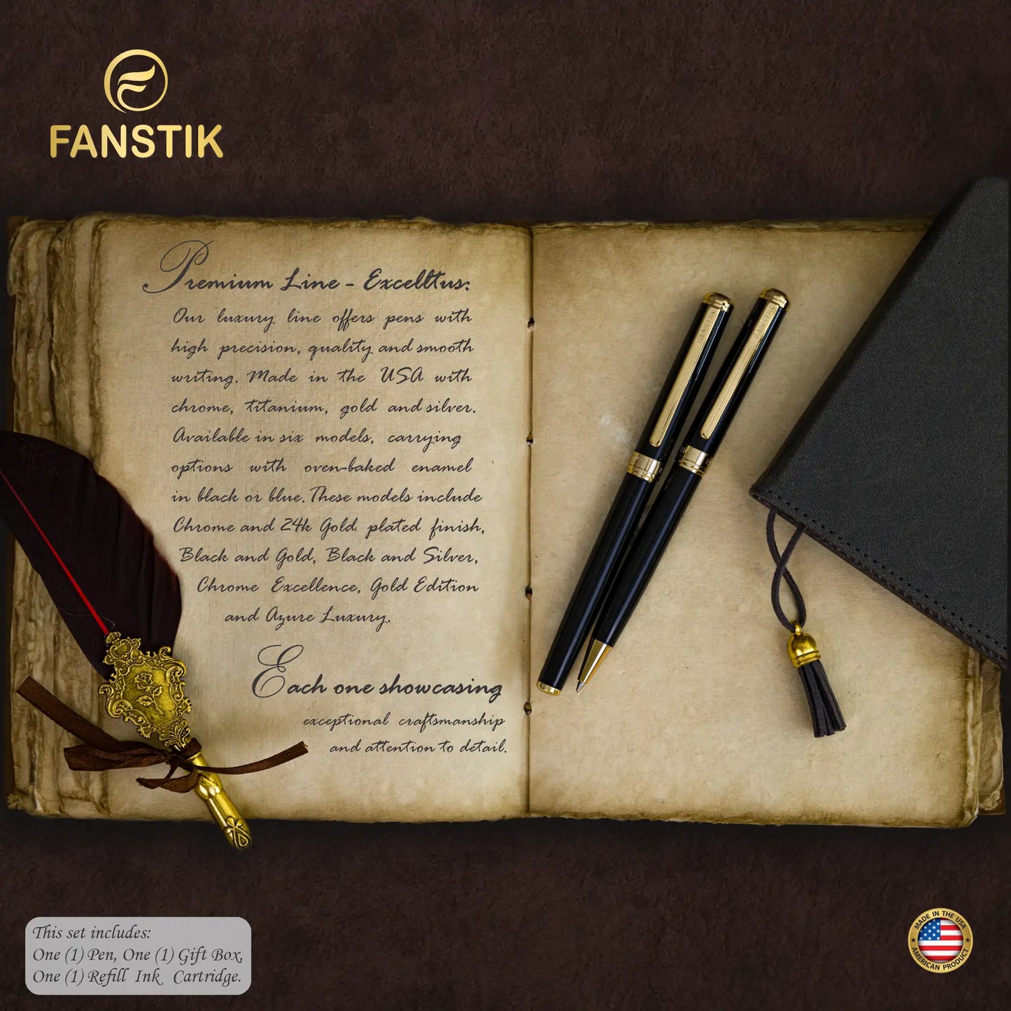 FANSTIK Customized Black & Gold Luxury ballpoint pen (Made In USA) Real 24K Gold Plating Professional executive pen gift set for men (Lux C-BallP B-G)