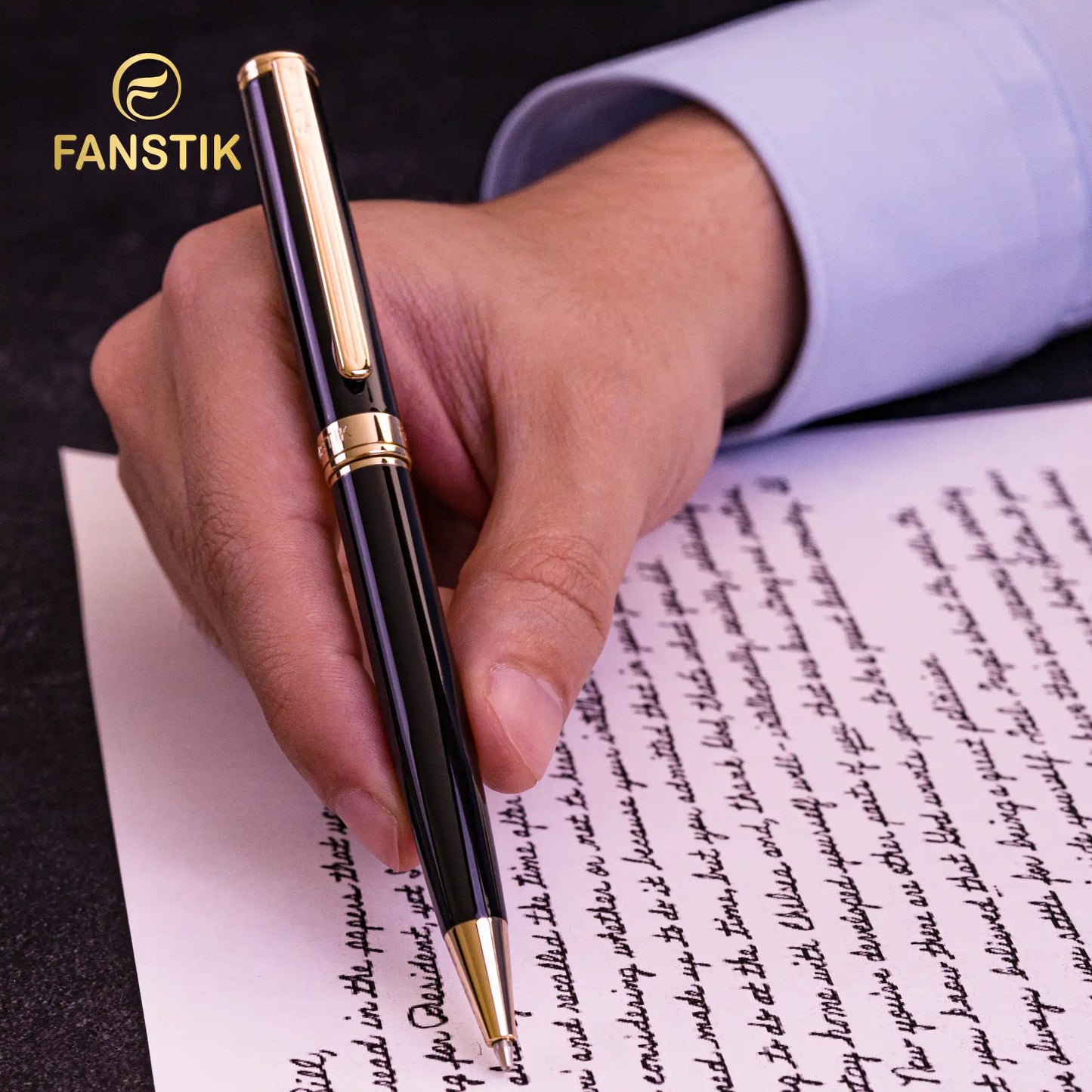 FANSTIK Customized Black & Gold Luxury ballpoint pen (Made In USA) Real 24K Gold Plating Professional executive pen gift set for men (Lux C-BallP B-G)