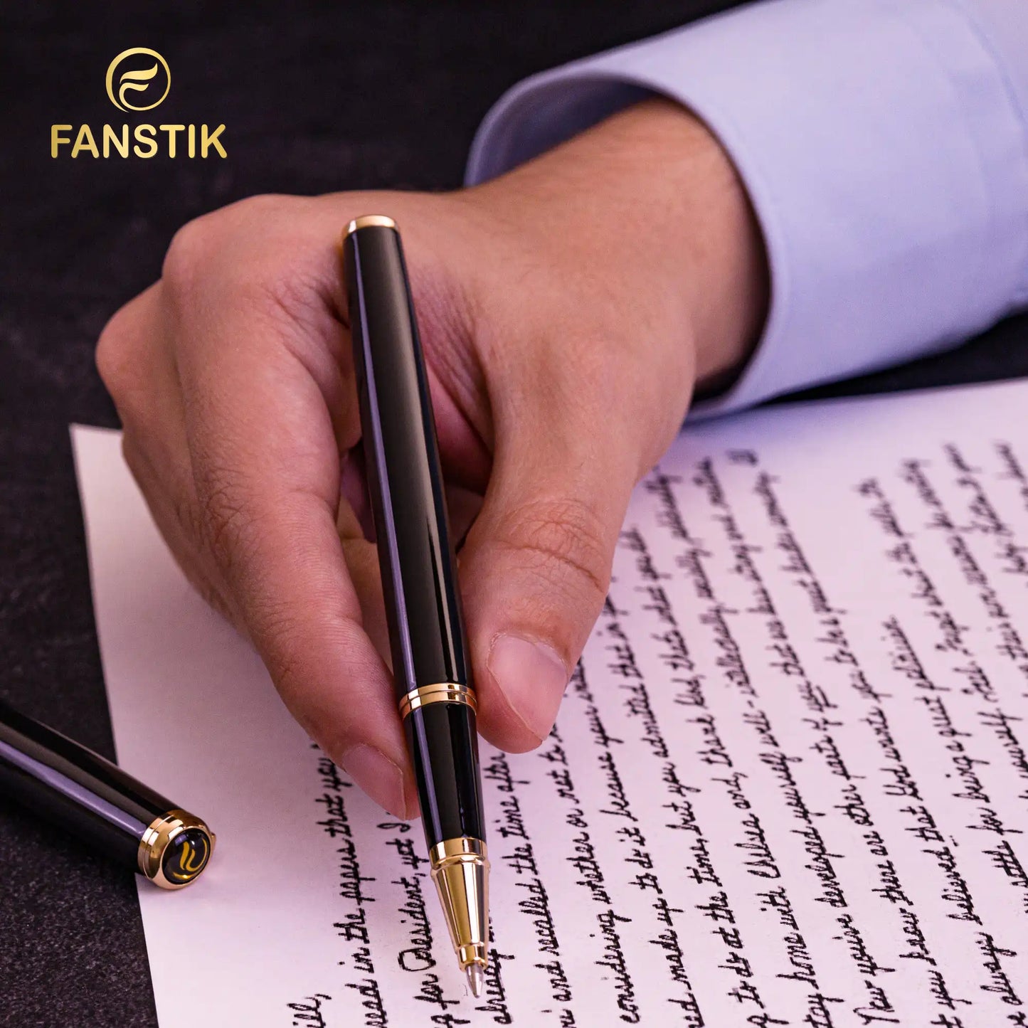 FANSTIK Black & Gold Luxury Rollerball pen (Made In USA) Real 24K Gold Plating, Professional executive pen gift set for men (Lux Rolerball Black-Gold)