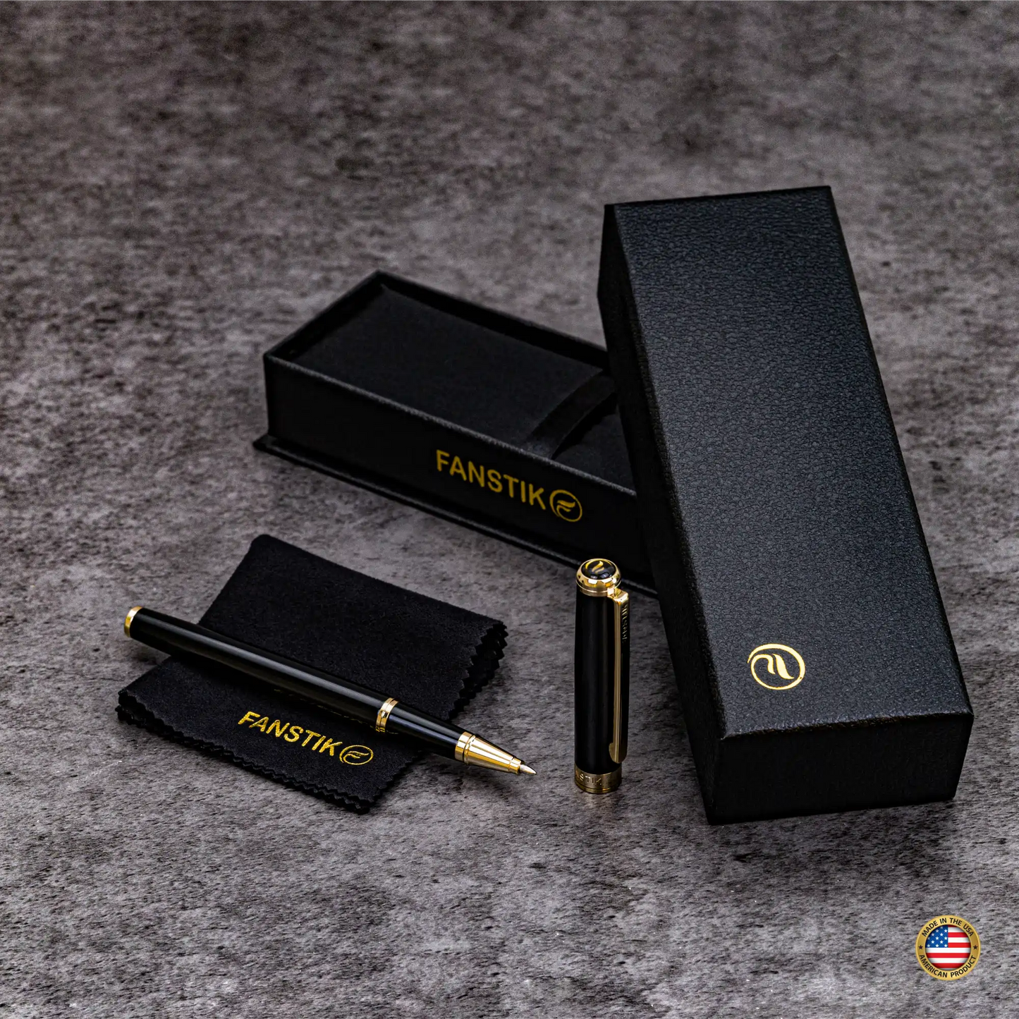 FANSTIK Black & Gold Luxury Rollerball pen (Made In USA) Real 24K Gold Plating, Professional executive pen gift set for men (Lux Rolerball Black-Gold)