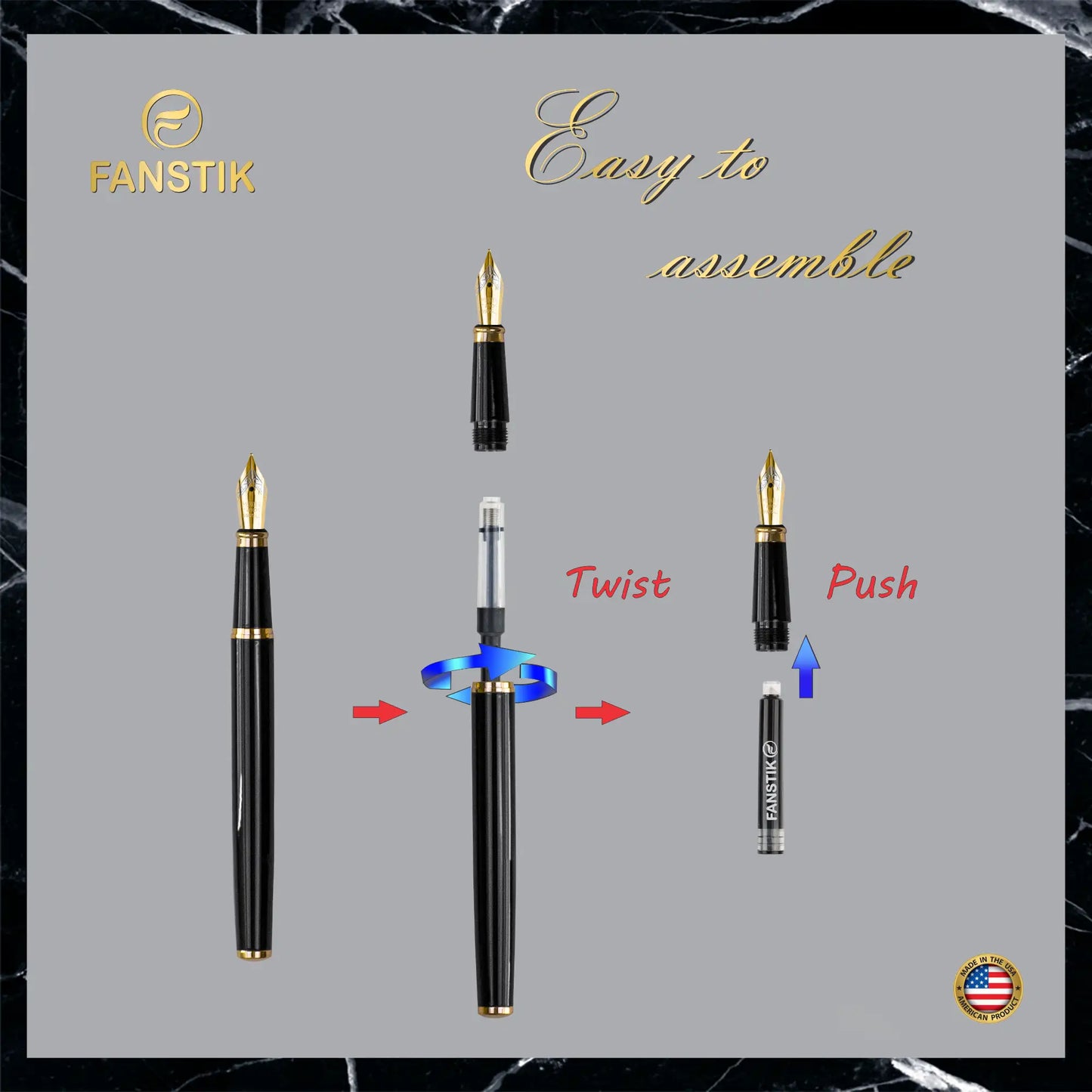 FANSTIK Black & Gold Luxury fountain pen (Made In USA) Real 24K Gold Plating, Professional executive pen gift set for men (Lux fountain Black-Gold)