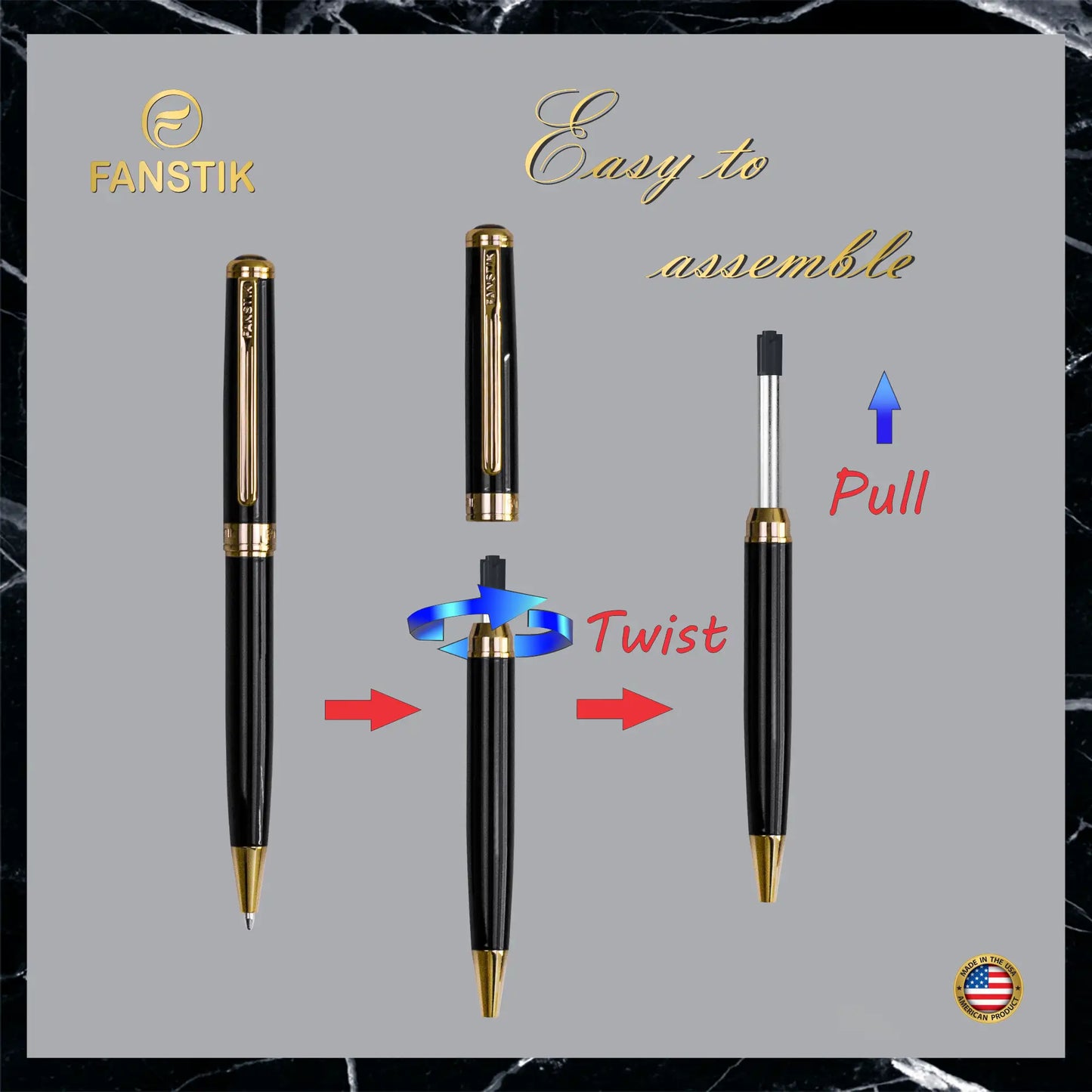 FANSTIK Customized Black & Gold Luxury ballpoint pen (Made In USA) Real 24K Gold Plating Professional executive pen gift set for men (Lux C-BallP B-G)