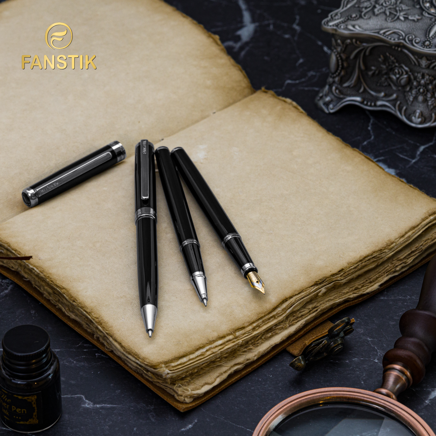 Personalized Luxury Black & Silver Rollerball pens (MADE IN USA) Fancy Pen, Real 24K Gold Plating (Lux Custom-RollerBall Black-Silver)