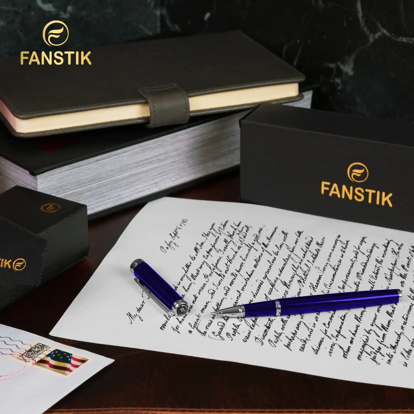 FANSTIK Customized Blue Luxury Rollerball pen (Made In USA) Chrome Finish, Professional executive pen gift set for men (Lux C-Rollerball Blue)