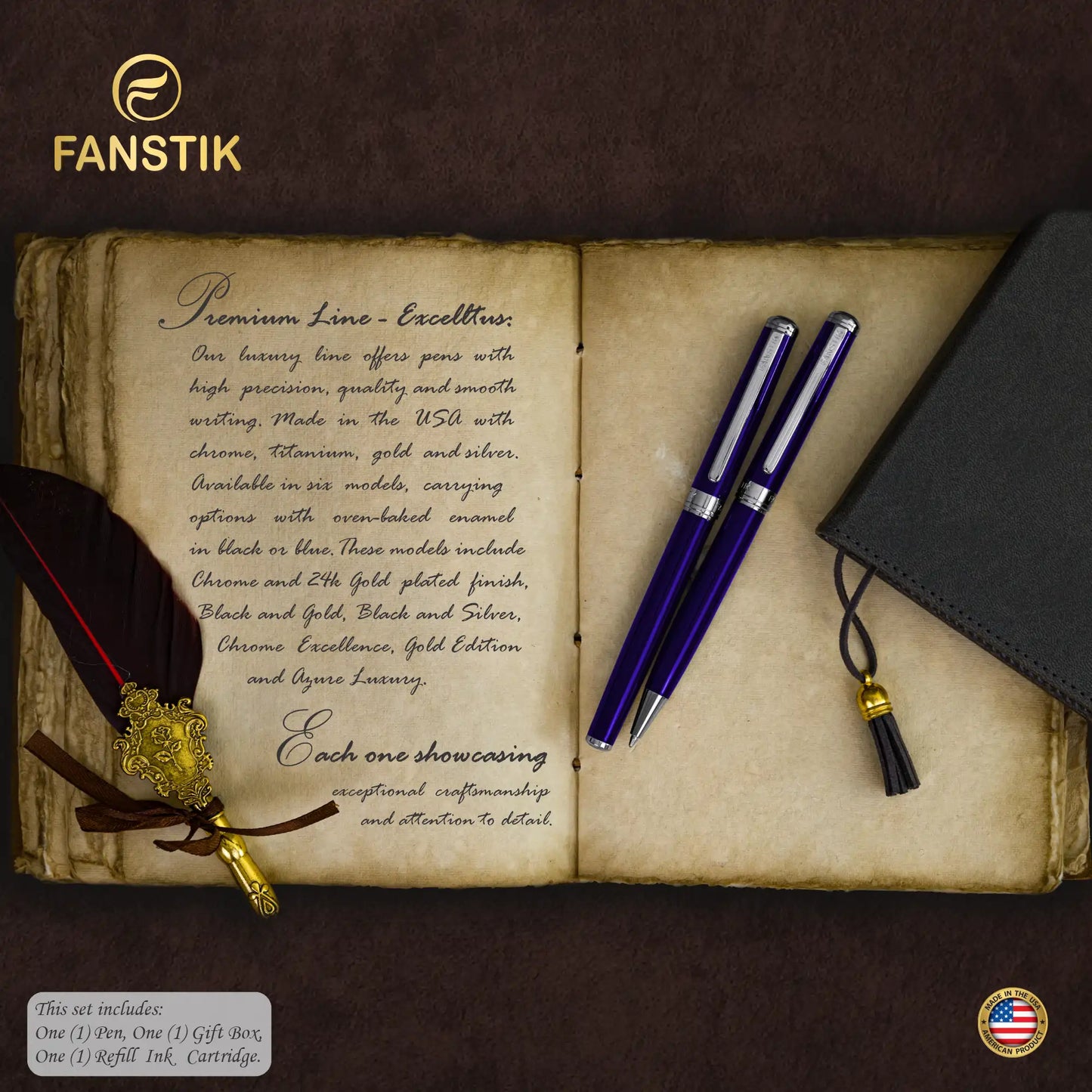 FANSTIK Customized Blue Luxury Rollerball pen (Made In USA) Chrome Finish, Professional executive pen gift set for men (Lux C-Rollerball Blue)