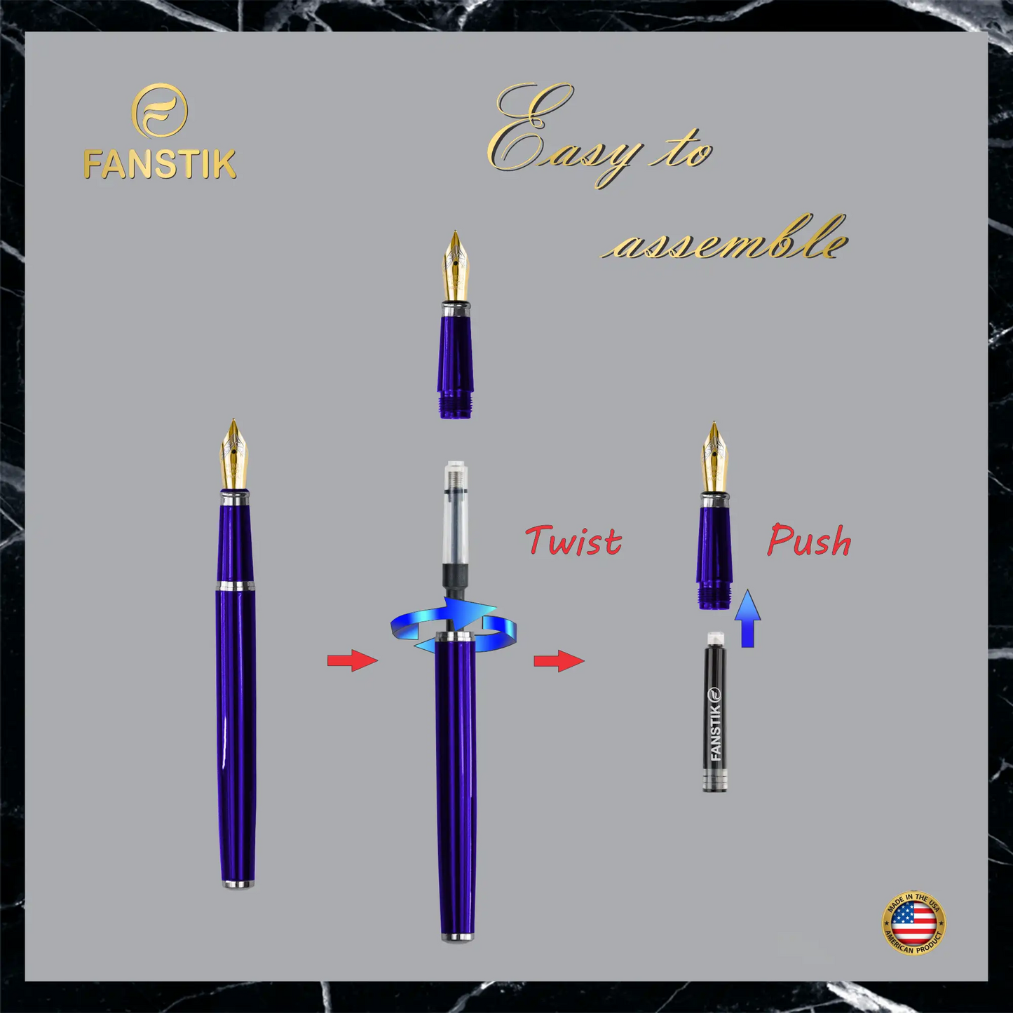 FANSTIK Blue Luxury fountain pen (Made In USA) Chrome Finish, Professional executive pen gift set for men (Lux fountain Blue)