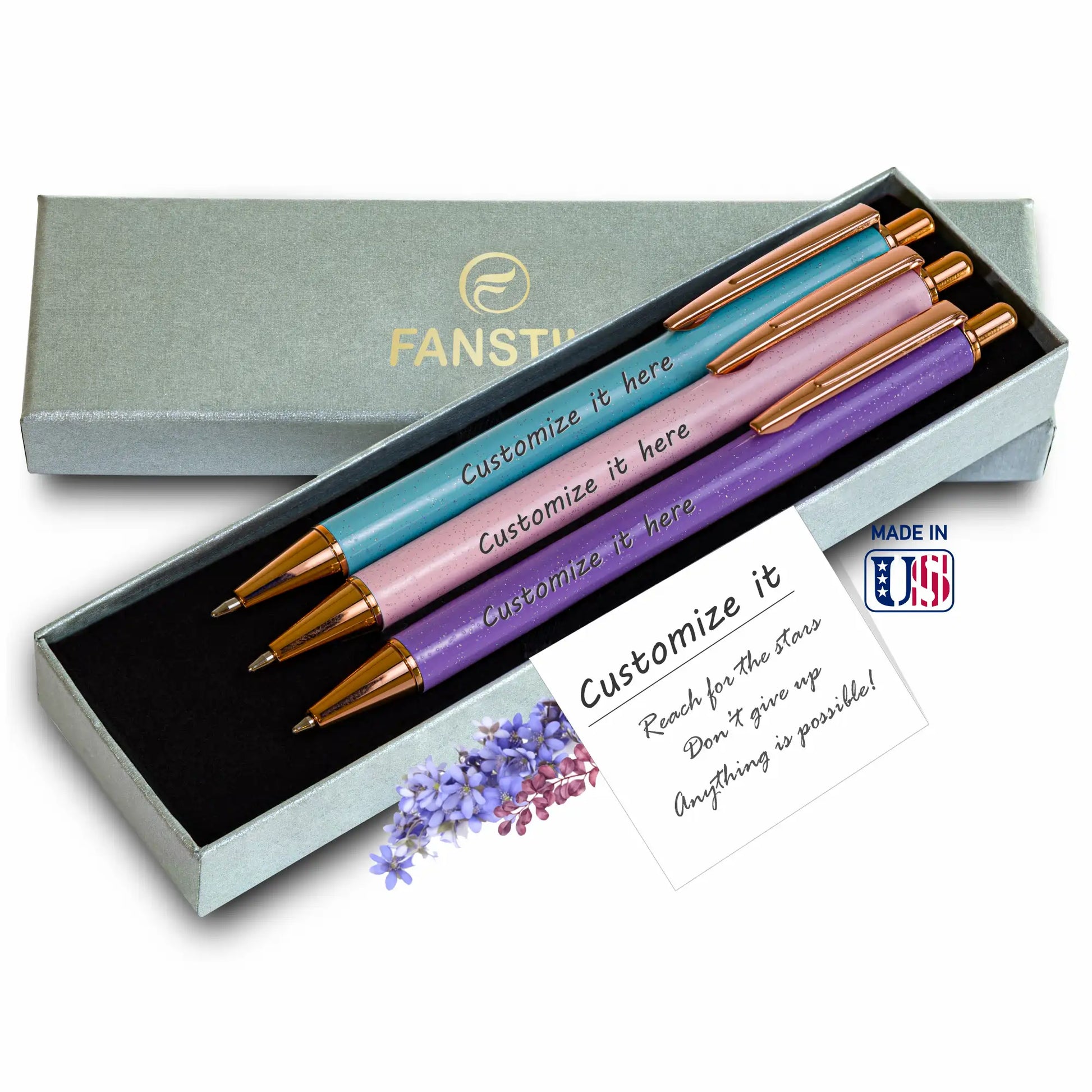 blue rollerball pen, purple rollerball pen, pink rollerball pen,