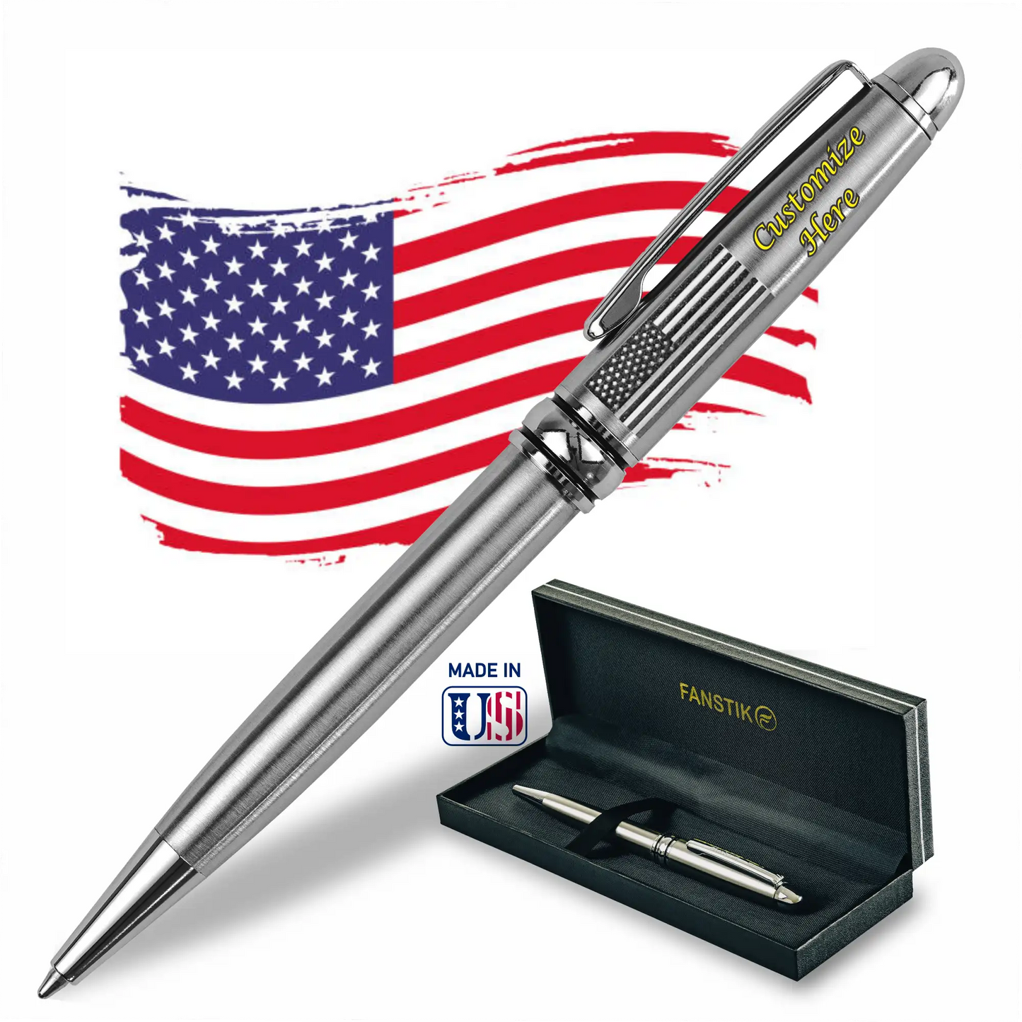 FANSTIK BallPoint pen with US Flag (MADE IN USA) stainless steel, luxury engraved pen for men and for women (US-Flag)