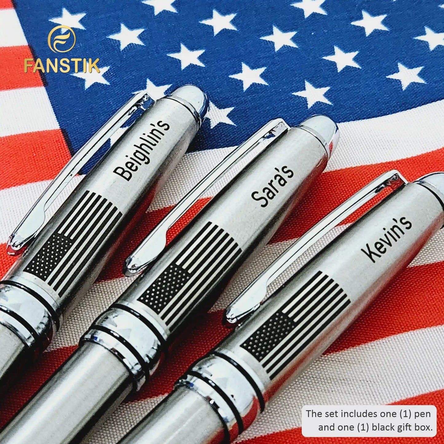 FANSTIK BallPoint pen with US Flag (MADE IN USA) stainless steel, luxury engraved pen for men and for women (US-Flag)