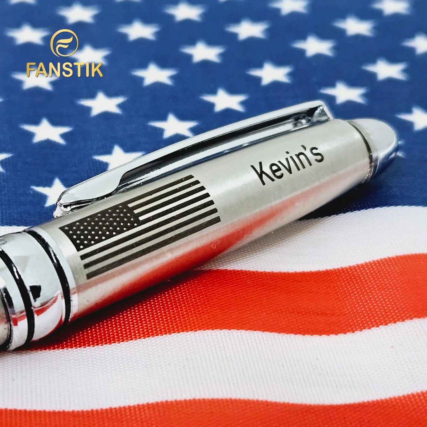 FANSTIK BallPoint pen with US Flag (MADE IN USA) stainless steel, luxury engraved pen for men and for women (US-Flag)