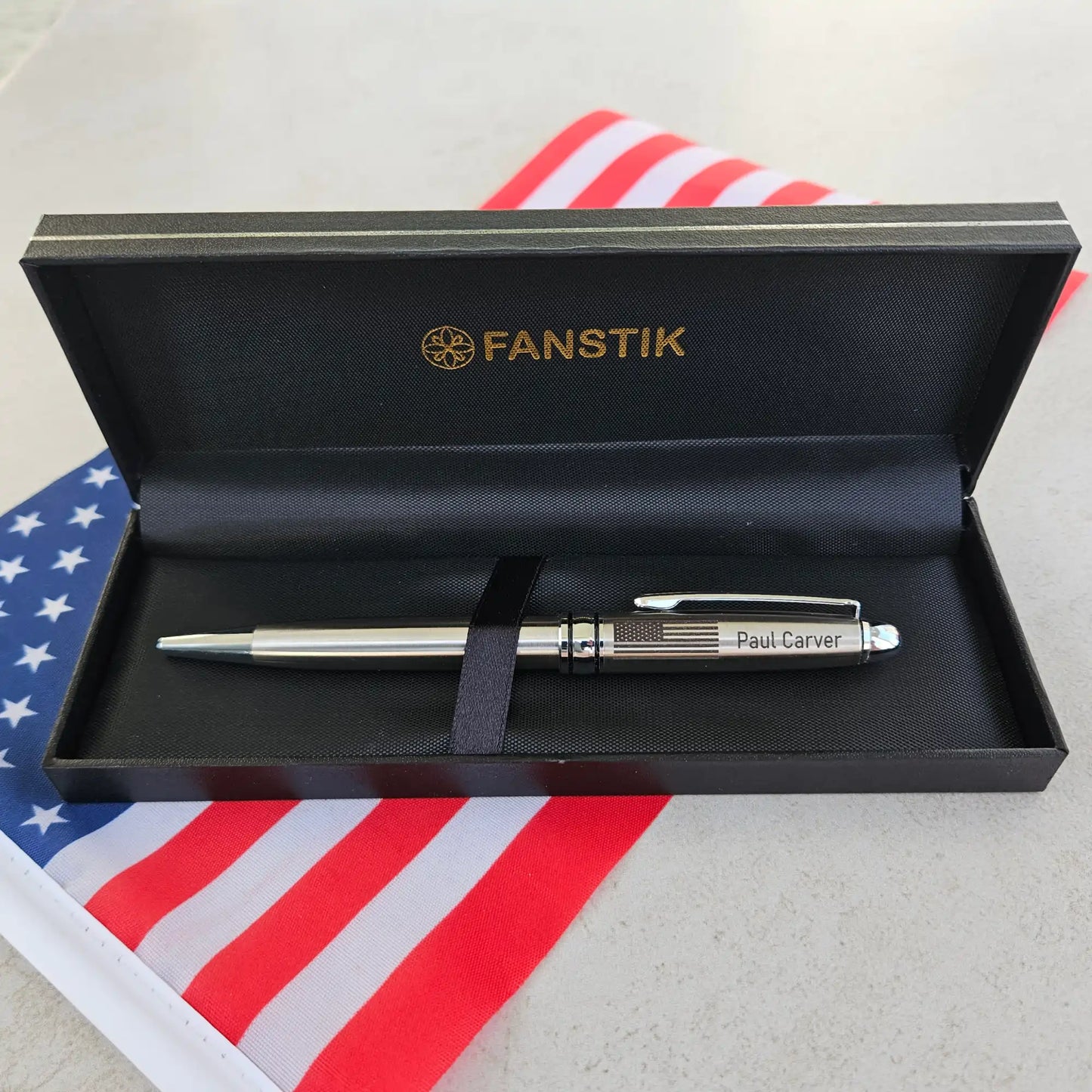 FANSTIK BallPoint pen with US Flag (MADE IN USA) stainless steel, luxury engraved pen for men and for women (US-Flag)