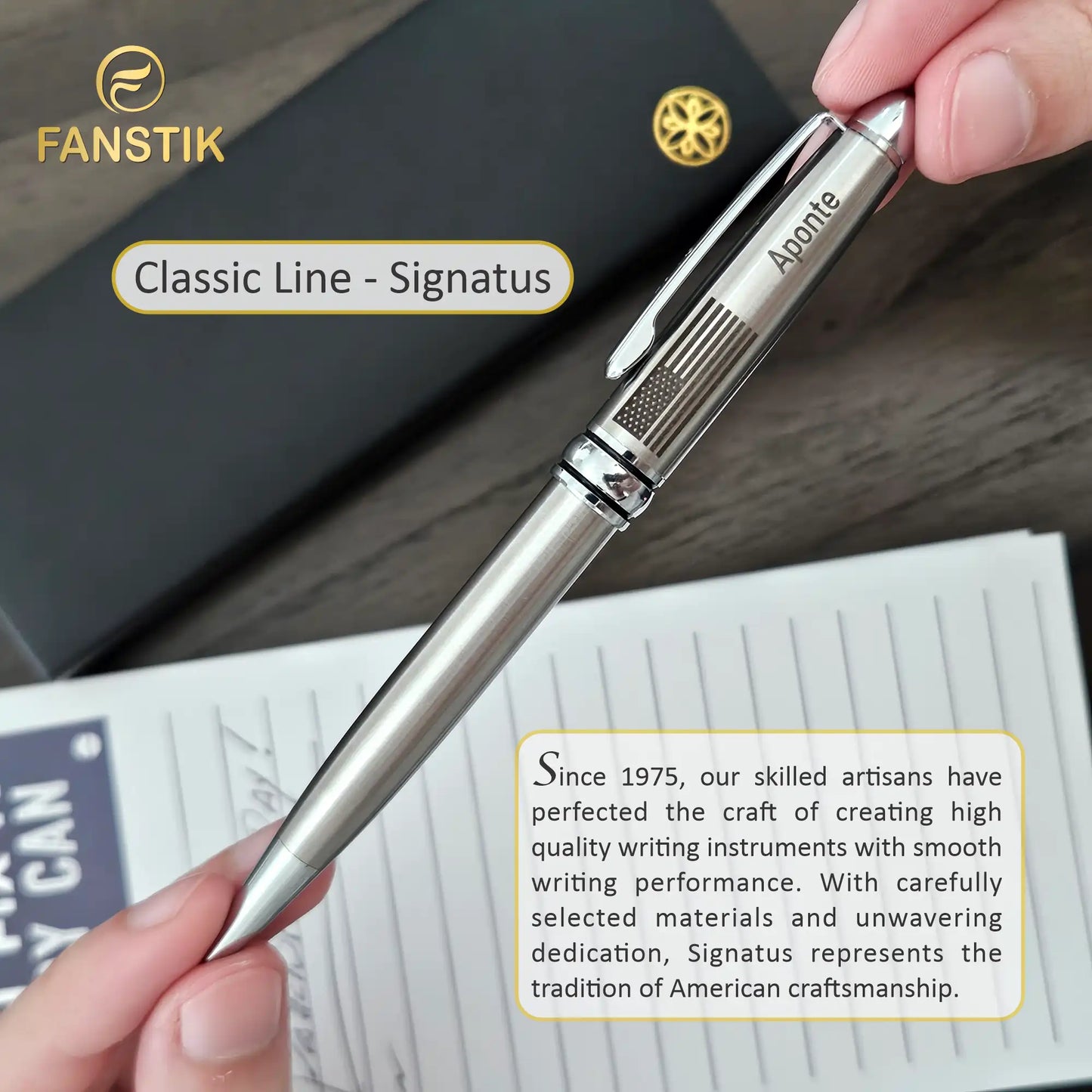 FANSTIK BallPoint pen with US Flag (MADE IN USA) stainless steel, luxury engraved pen for men and for women (US-Flag)