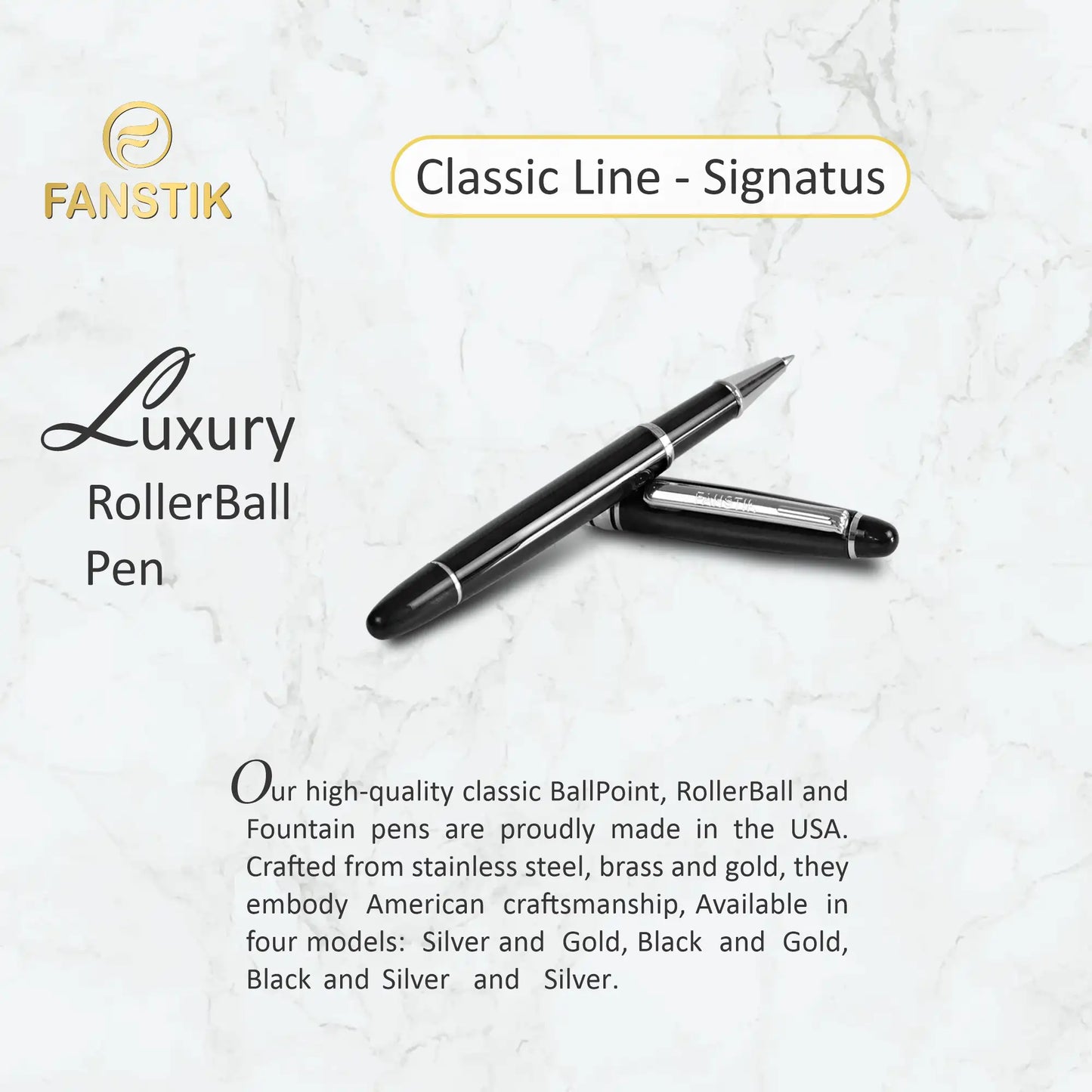 FANSTIK Customized RollerBall pen with name (MADE IN USA) black and silver, luxury engraved pen personalized for men and for women (RollerBall B-S)