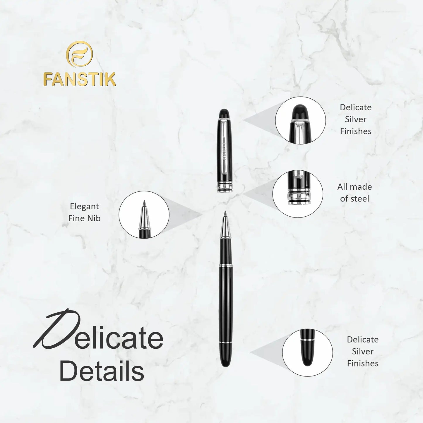 FANSTIK Customized RollerBall pen with name (MADE IN USA) black and silver, luxury engraved pen personalized for men and for women (RollerBall B-S)