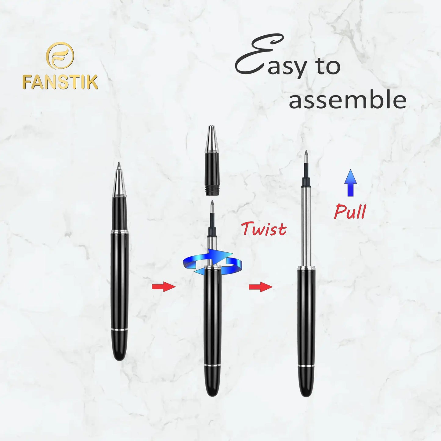 FANSTIK Customized RollerBall pen with name (MADE IN USA) black and silver, luxury engraved pen personalized for men and for women (RollerBall B-S)