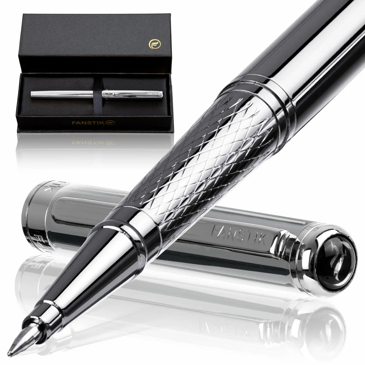 FANSTIK Customized Silver Luxury Rollerball pen (Made In USA) Chrome Finish, Professional executive pen gift set for men (Lux C-Roller Silver)