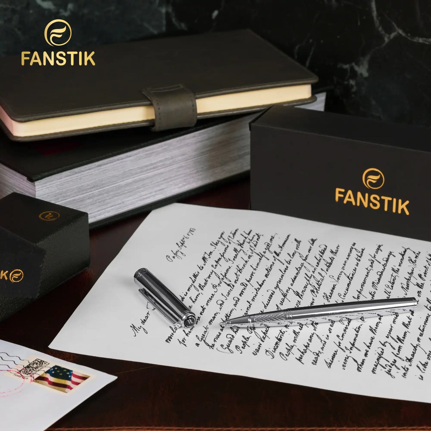 FANSTIK Customized Silver Luxury Rollerball pen (Made In USA) Chrome Finish, Professional executive pen gift set for men (Lux C-Roller Silver)