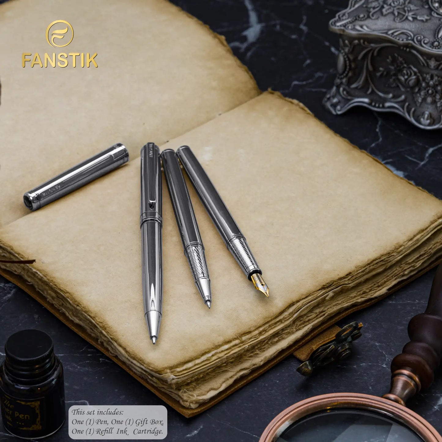 FANSTIK Customized Silver Luxury Rollerball pen (Made In USA) Chrome Finish, Professional executive pen gift set for men (Lux C-Roller Silver)