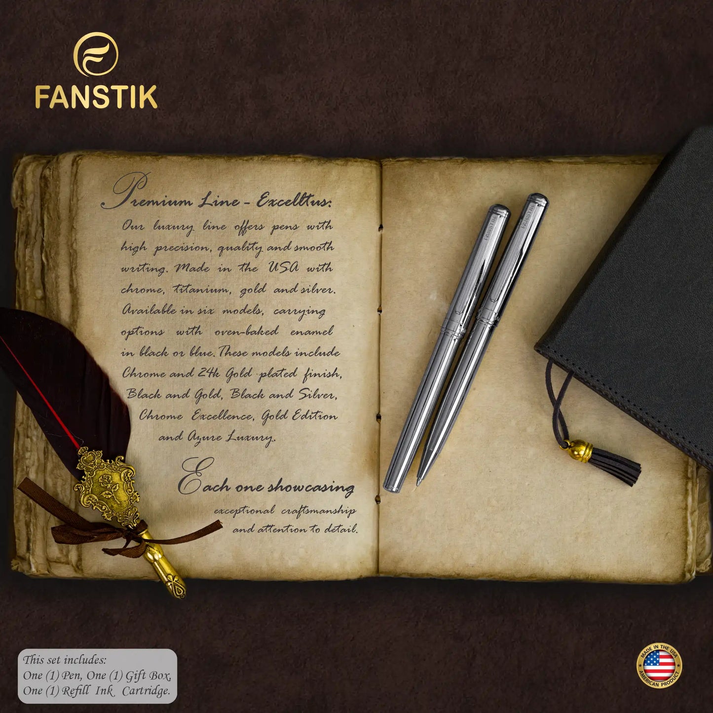 FANSTIK Customized Silver Luxury Rollerball pen (Made In USA) Chrome Finish, Professional executive pen gift set for men (Lux C-Roller Silver)
