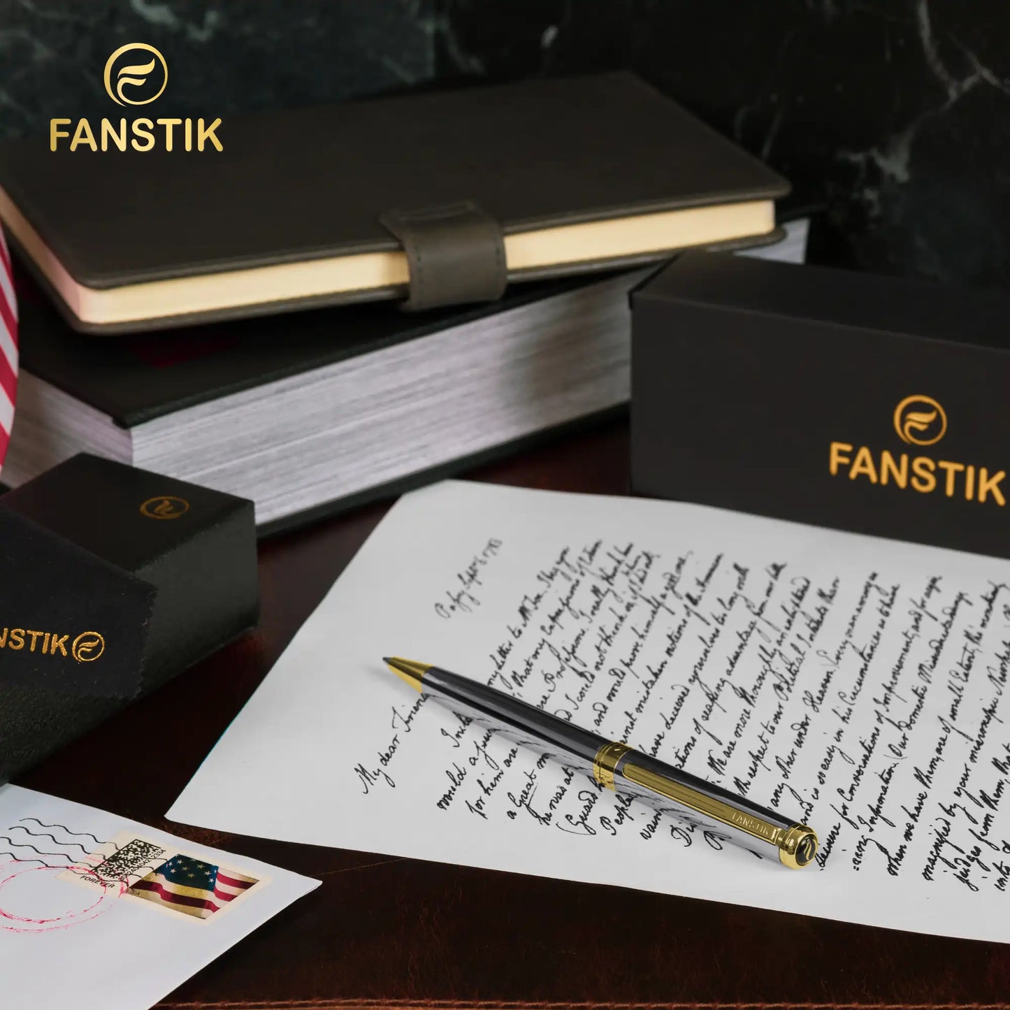 FANSTIK Customized Silver&Gold Luxury ballpoint pen (Made In USA) Real 24K Gold Plating, Professional executive pen gift set for men (Lux C-BallP S-G)