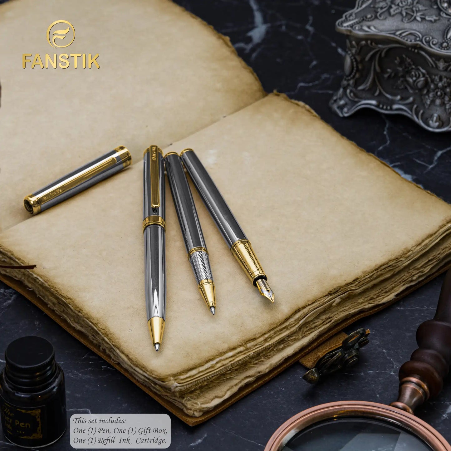 FANSTIK Customized Silver&Gold Luxury ballpoint pen (Made In USA) Real 24K Gold Plating, Professional executive pen gift set for men (Lux C-BallP S-G)