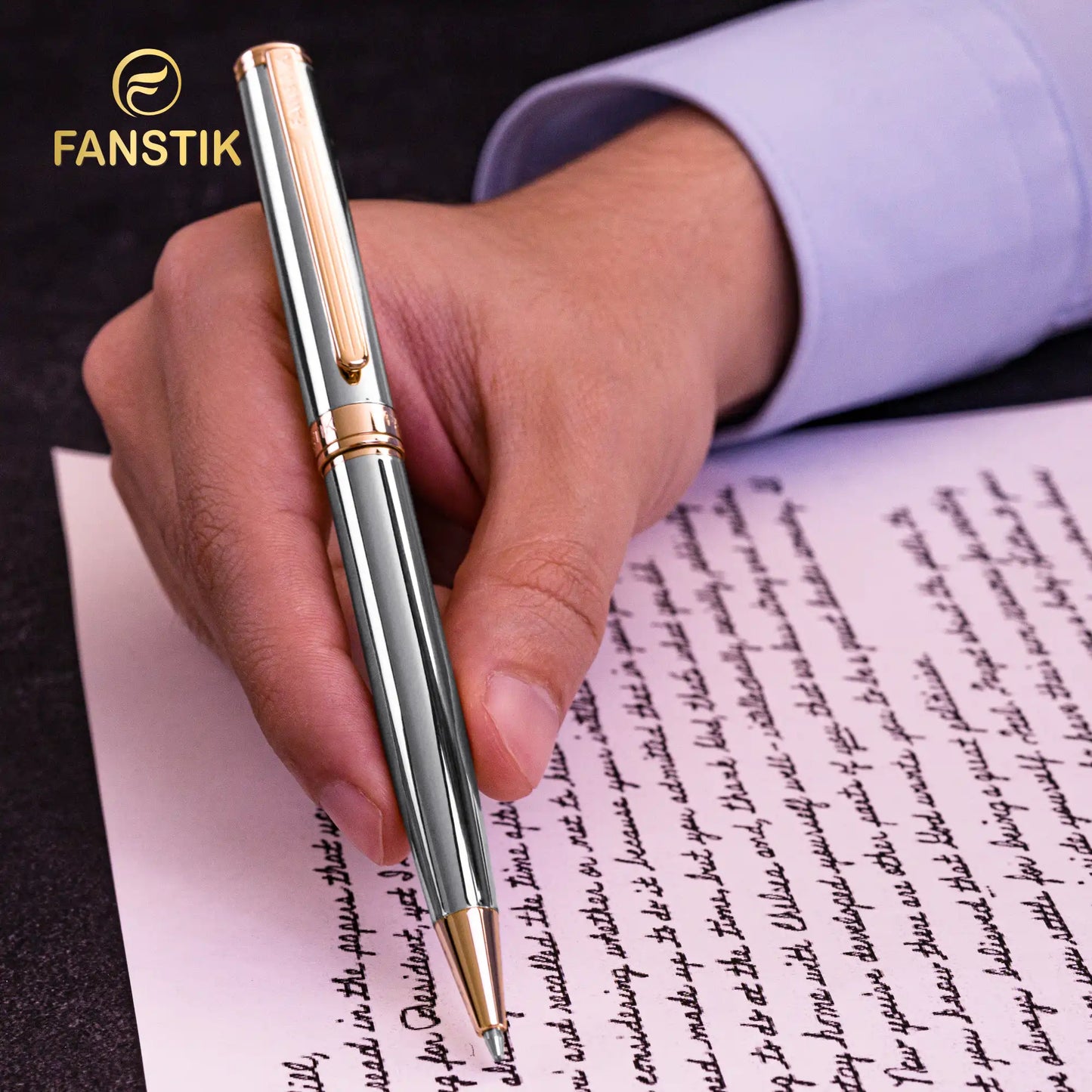 FANSTIK Customized Silver&Gold Luxury ballpoint pen (Made In USA) Real 24K Gold Plating, Professional executive pen gift set for men (Lux C-BallP S-G)