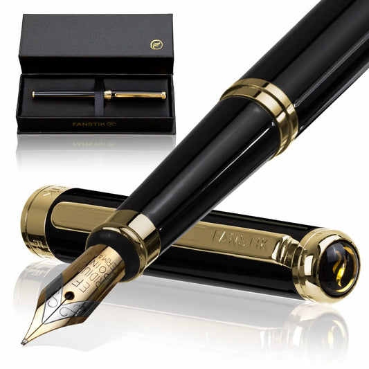 FANSTIK Customized Black & Gold Luxury fountain pen (Made In USA) Real 24K Gold Plating Professional executive pen gift set for men (Lux C-fuente B-G)