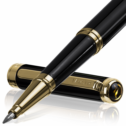 Personalized Luxury Black & Gold Rollerball pens (MADE IN USA) Fancy Pen, Real 24K Gold Plating (Lux Custom-RollerBall Black-Gold)