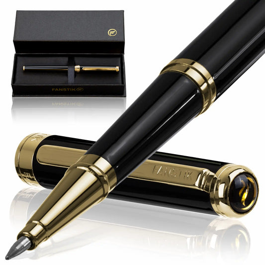 FANSTIK Black & Gold Luxury Rollerball pen (Made In USA) Real 24K Gold Plating, Professional executive pen gift set for men (Lux Rolerball Black-Gold)