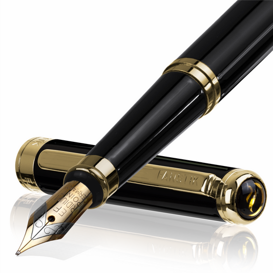 Personalized Luxury Black & Gold Fountain pens (MADE IN USA) Fancy Pen, Real 24K Gold Plating (Lux Custom-Fountain Black-Gold)