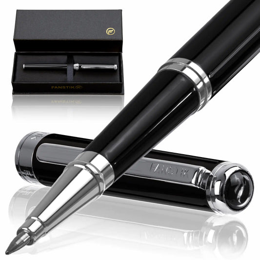 FANSTIK Black & Silver Luxury Rollerball pen (Made In USA) Chrome Finish, Professional executive pen gift set for men (Lux Roller Black-Silver)