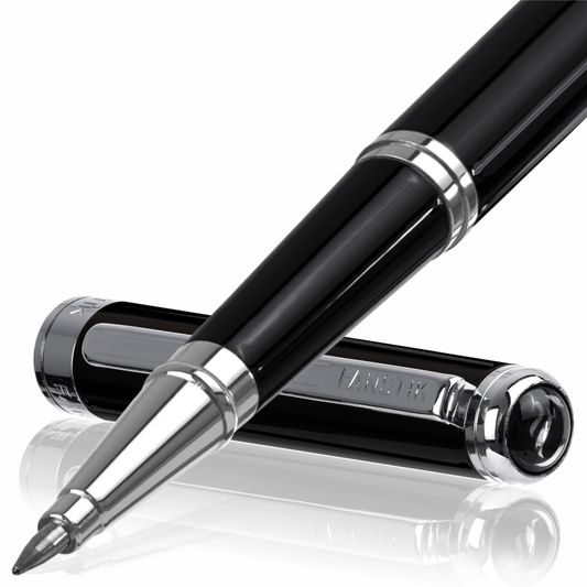 Personalized Luxury Black & Silver Rollerball pens (MADE IN USA) Fancy Pen, Real 24K Gold Plating (Lux Custom-RollerBall Black-Silver)