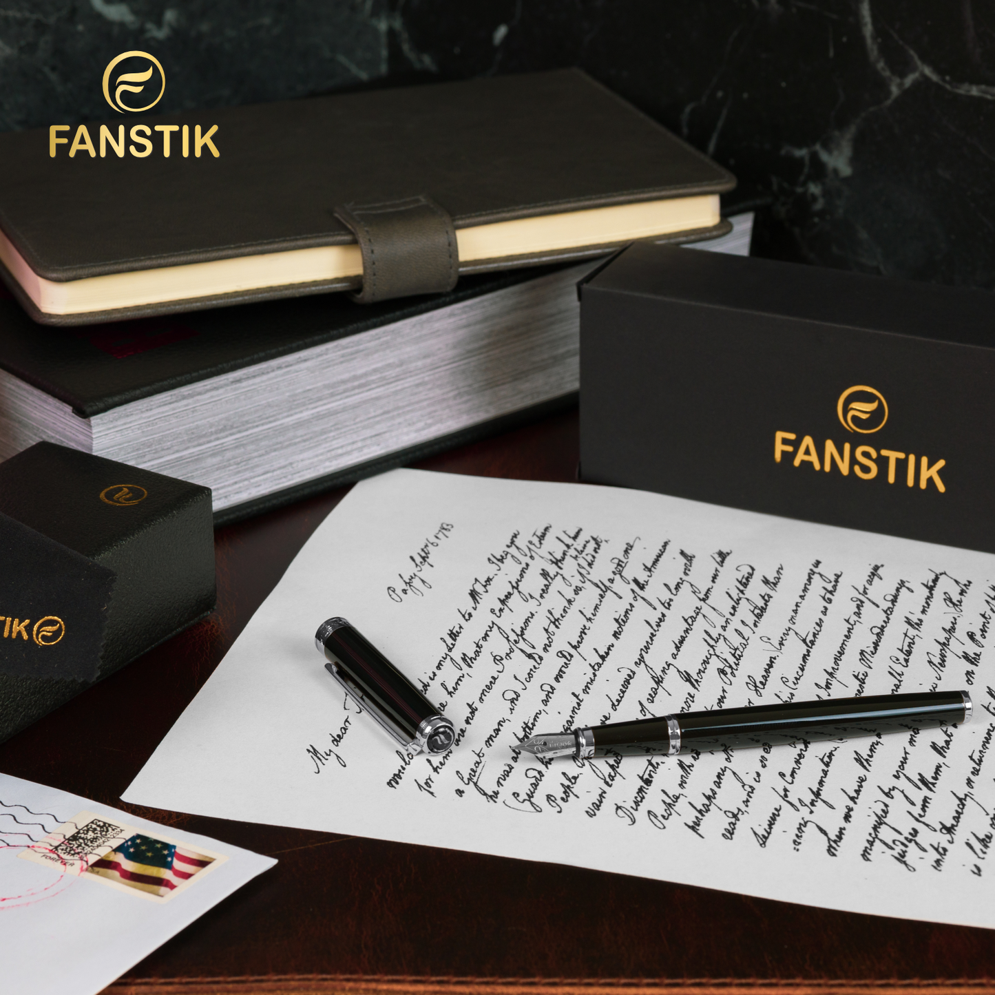 Personalized Luxury Black & Silver Fountain pens (MADE IN USA) Fancy Pen, Real 24K Gold Plating (Lux Custom-Fountain Black-Silver)