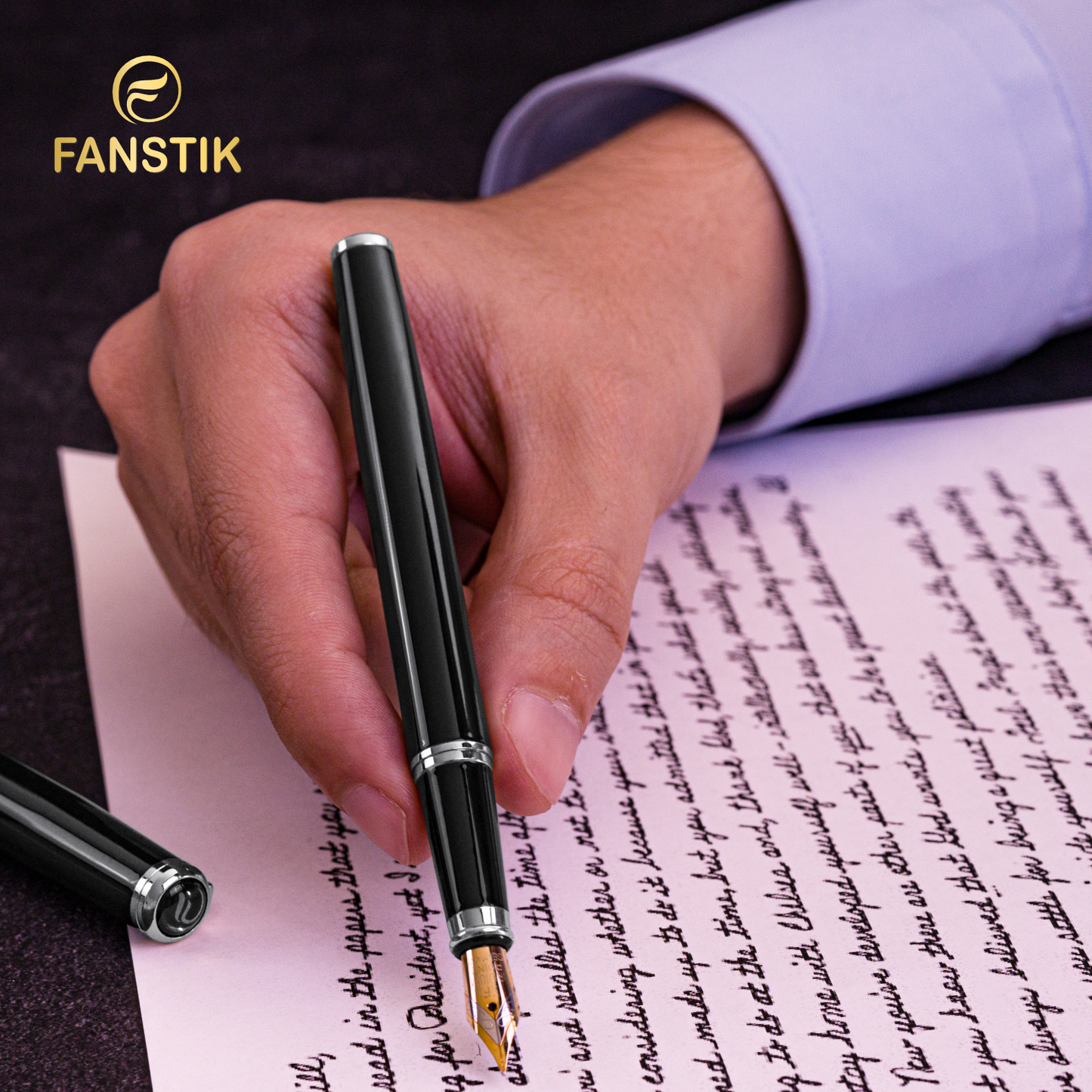 Personalized Luxury Black & Silver Fountain pens (MADE IN USA) Fancy Pen, Real 24K Gold Plating (Lux Custom-Fountain Black-Silver)