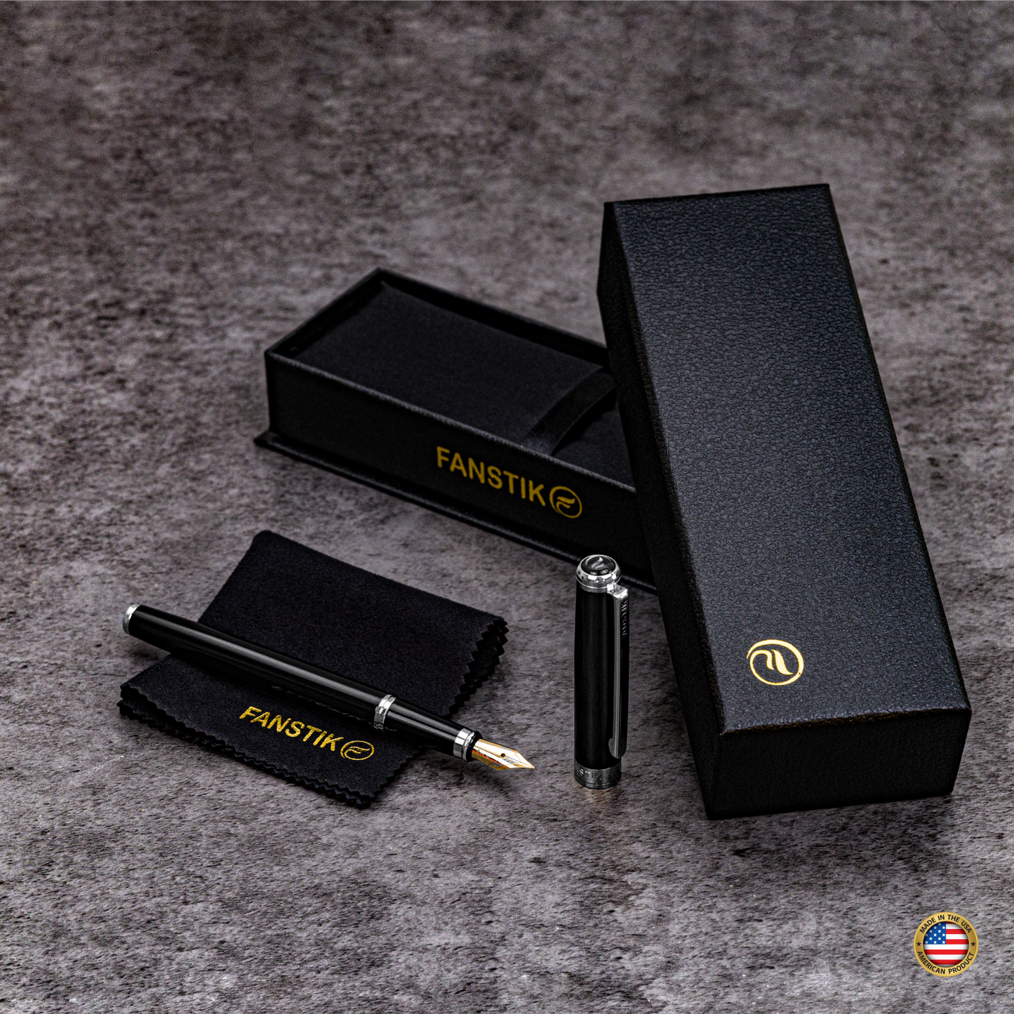 Personalized Luxury Black & Silver Fountain pens (MADE IN USA) Fancy Pen, Real 24K Gold Plating (Lux Custom-Fountain Black-Silver)