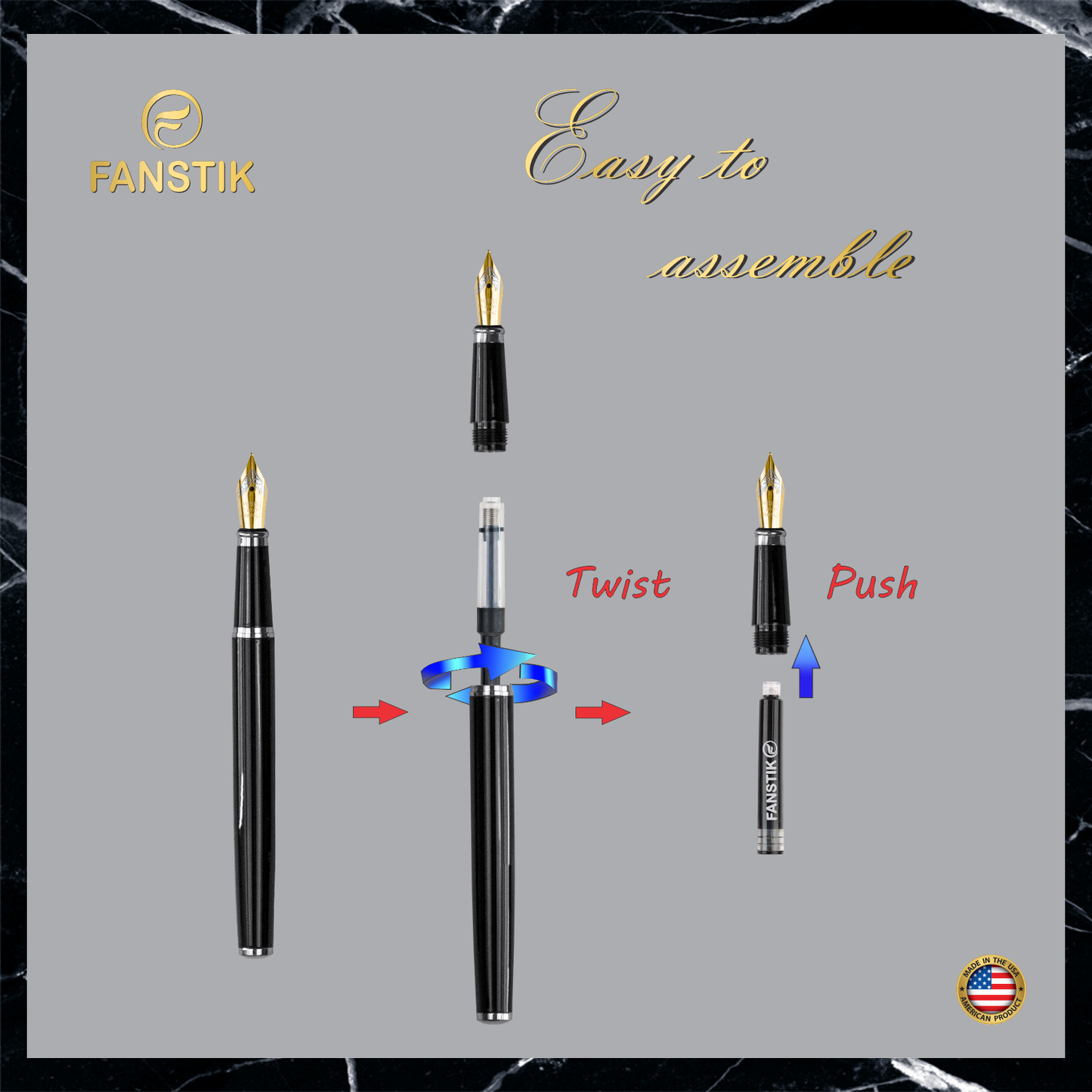 Personalized Luxury Black & Silver Fountain pens (MADE IN USA) Fancy Pen, Real 24K Gold Plating (Lux Custom-Fountain Black-Silver)