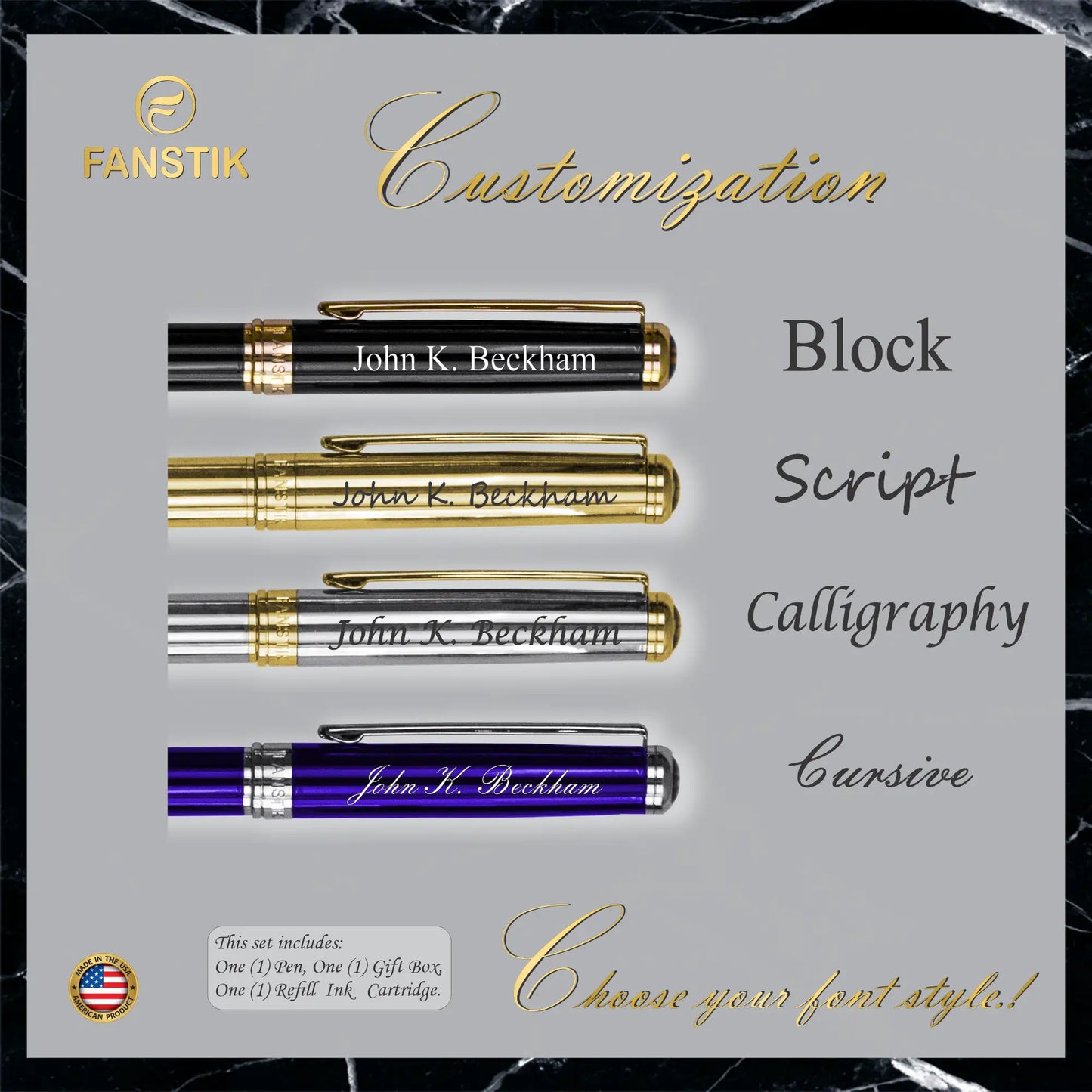 FANSTIK Customized Silver&Gold Luxury ballpoint pen (Made In USA) Real 24K Gold Plating, Professional executive pen gift set for men (Lux C-BallP S-G)