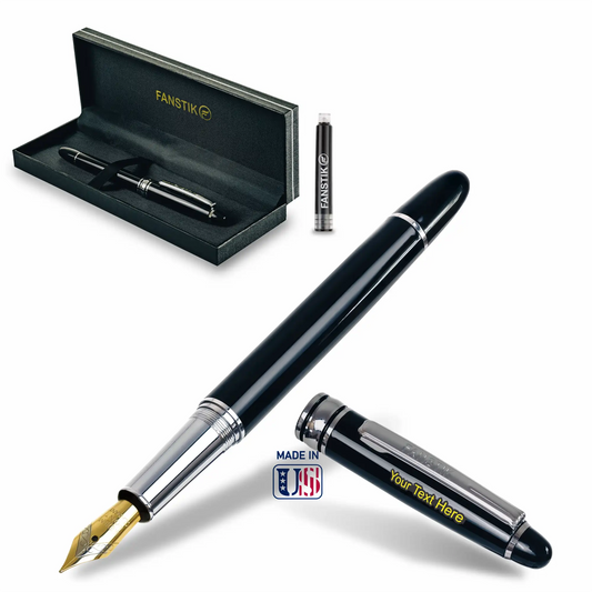 FANSTIK, Customized Fountain pen with name (MADE IN USA), black and Silver, luxury engraved pen personalized for men and for women. (Fountain B-S)