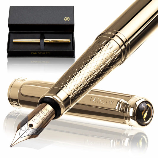 FANSTIK Customized Gold Luxury fountain pen (Made In USA) Real 24K Gold Plating, Professional executive pen gift set for men (Lux Custom-fountain Gld)