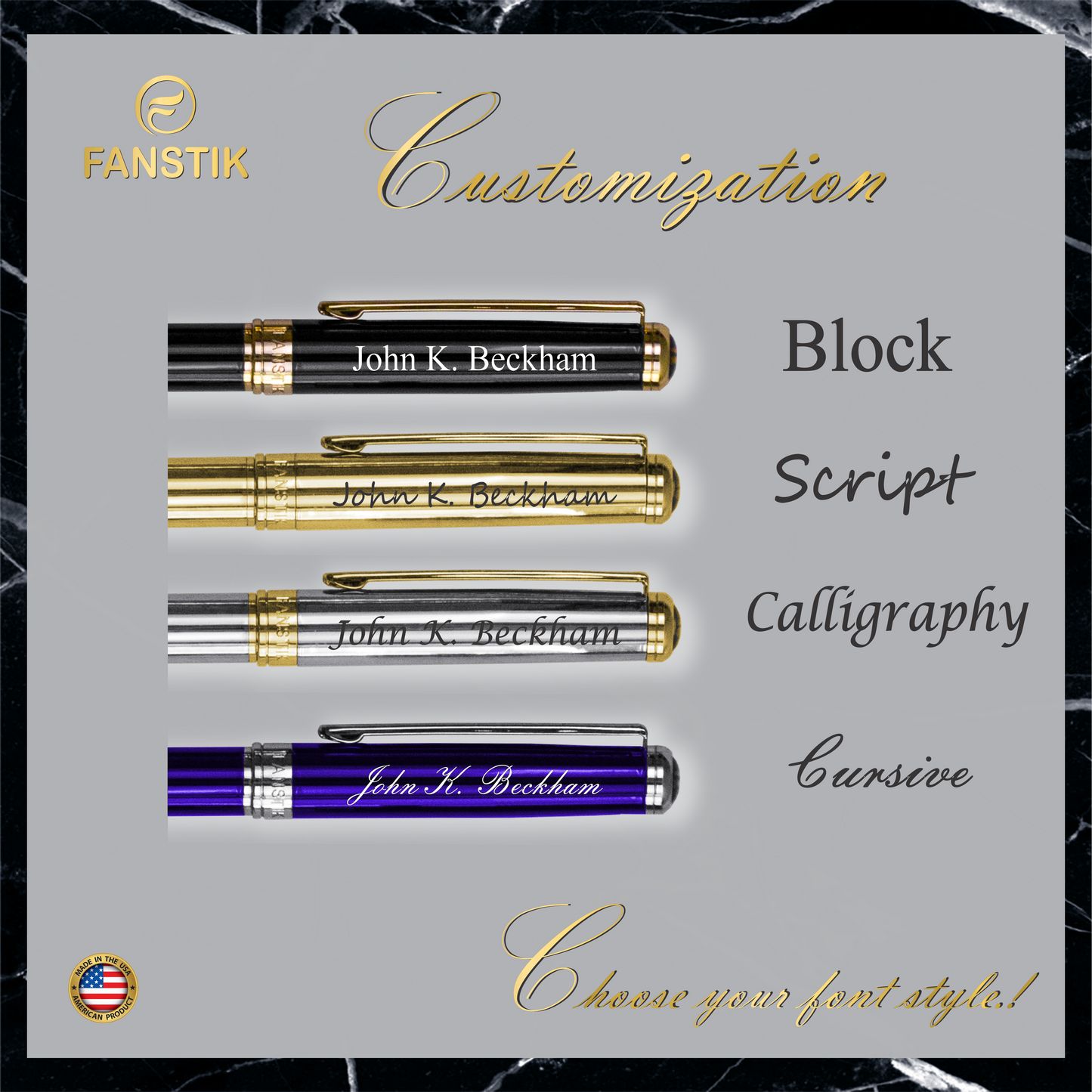 Personalized Luxury Black & Gold Ballpoint pens (MADE IN USA) Fancy Pen, Real 24K Gold Plating (Lux Custom-BallPoint Black-Gold)