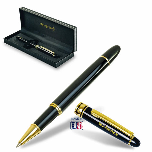 FANSTIK Customized RollerBall pen with name (MADE IN USA) black and gold, luxury engraved pen personalized for men and for women. (RollerBall B-G)