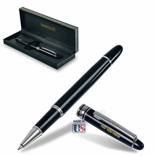 FANSTIK Customized RollerBall pen with name (MADE IN USA) black and silver, luxury engraved pen personalized for men and for women (RollerBall B-S)